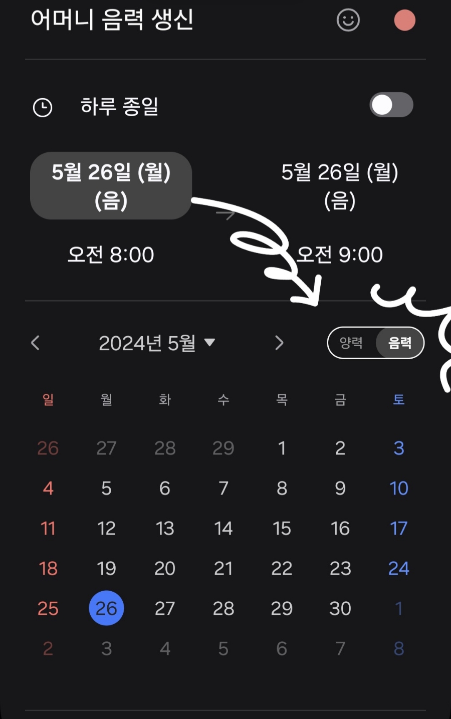 스마트폰으로 음력·양력 변환 앱 화면을 확인하는 장면, 생년월일 입력 화면이 가운데 크게 보이는 사진