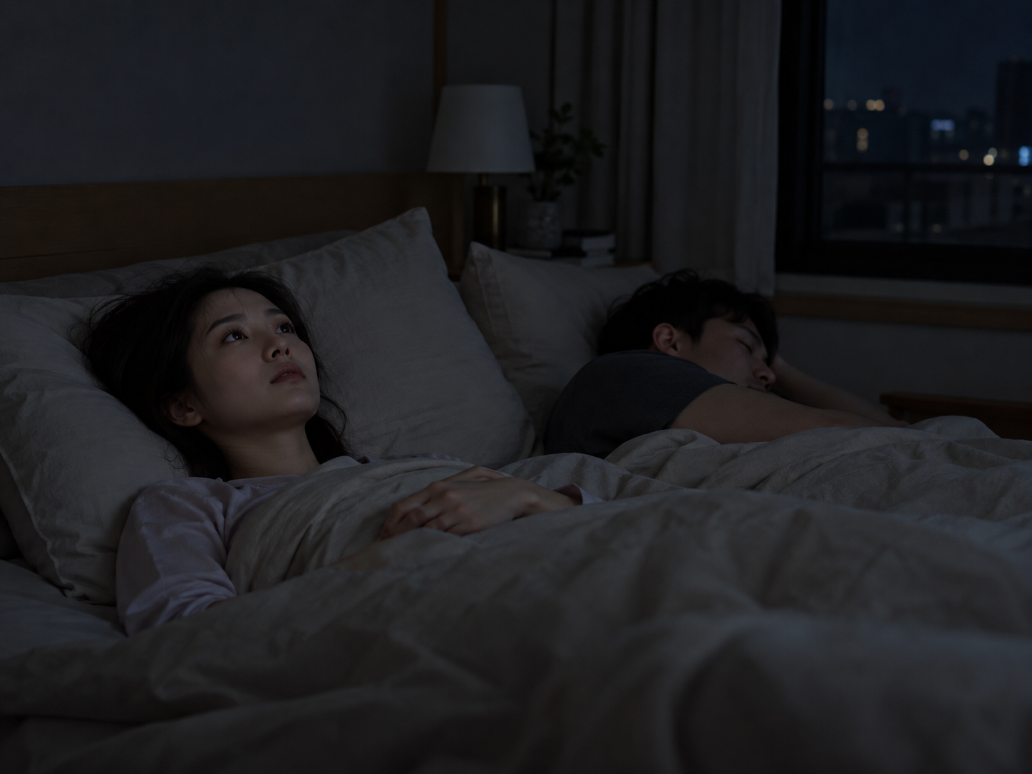 여행 숙소에서 한 사람이 자고 옆 사람이 귀를 막고 있는 모습