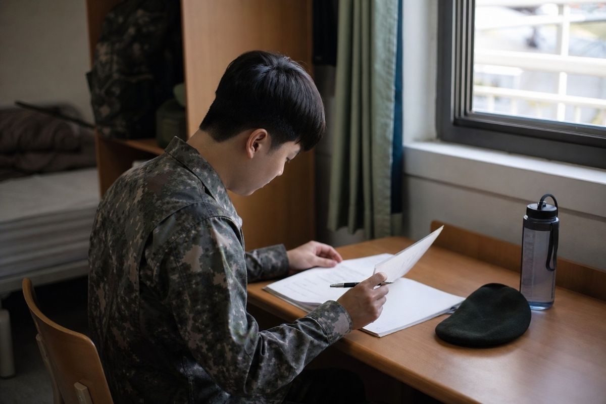 군복을 입고 복무 중인 한국 청년 병사의 모습
