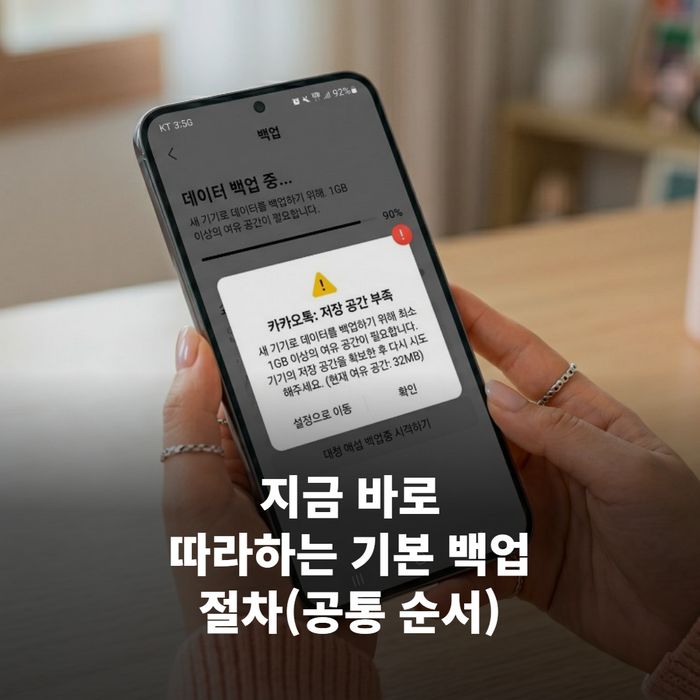 사용자가 카카오톡에서 대화 백업 절차를 따라가는 장면(설정 > 대화 백업 단계별 화면을 순서대로 보이는 구성)