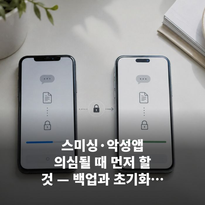 휴대폰에 스미싱 의심 문자와 백신 앱 검사 화면이 동시에 보이는 장면, 백신 검사 결과가 강조되게