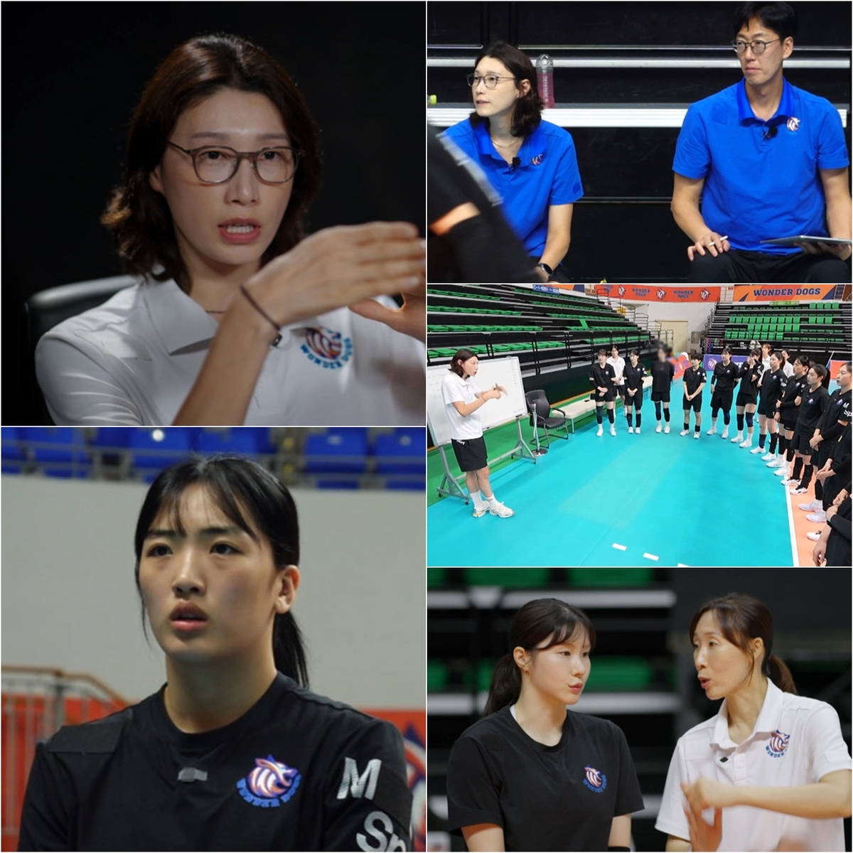 김연경 감독이 배구 코트 옆에서 선수들에게 작전을 설명하는 장면
