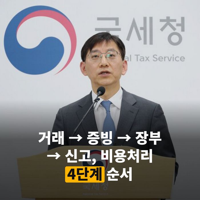 노트북 화면에 장부를 입력하고 옆에 영수증을 쌓아 둔 작업 책상