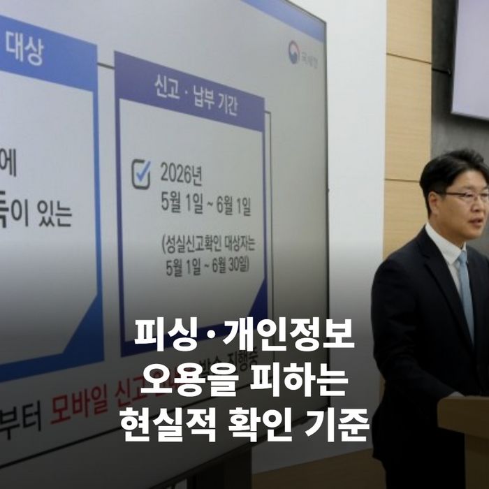 스마트폰으로 의심스러운 문자 속 링크를 손가락으로 가리키는 장면(링크를 클릭하지 않는 경고 이미지)