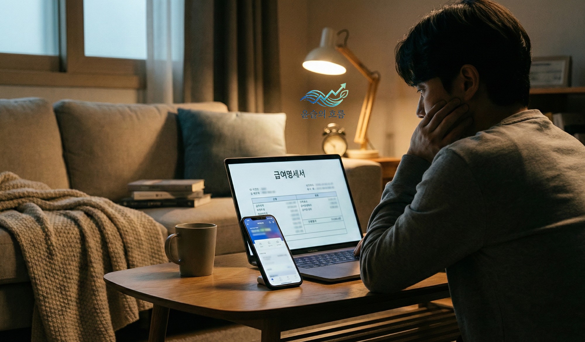 급여명세서와 계산기를 나란히 놓고 숫자를 확인하는 장면