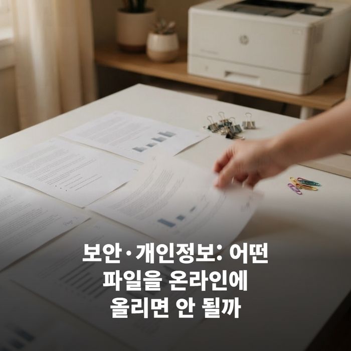 개인정보 보호 경고 아이콘과 '온라인 업로드 주의' 문구가 함께 보이는 이미지